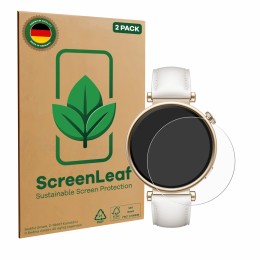 Parte frontal de un envase de producto con el logotipo de la marca ScreenLeaf. Al lado se muestra el dispositivo Huawei Watch 