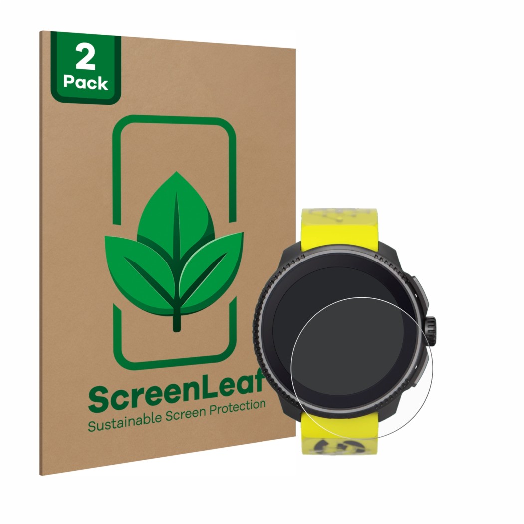 Face avant d’un emballage produit avec le logo de la marque ScreenLeaf. À côté, l’appareil Suunto Race est représenté avec la 