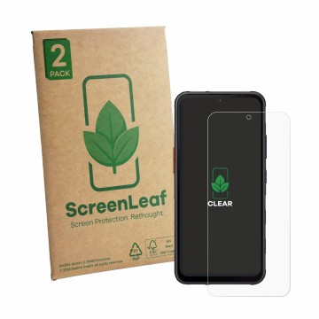 Face avant d’un emballage produit avec le logo de la marque ScreenLeaf. À côté, l’appareil Samsung Galaxy XCover 7 est représe