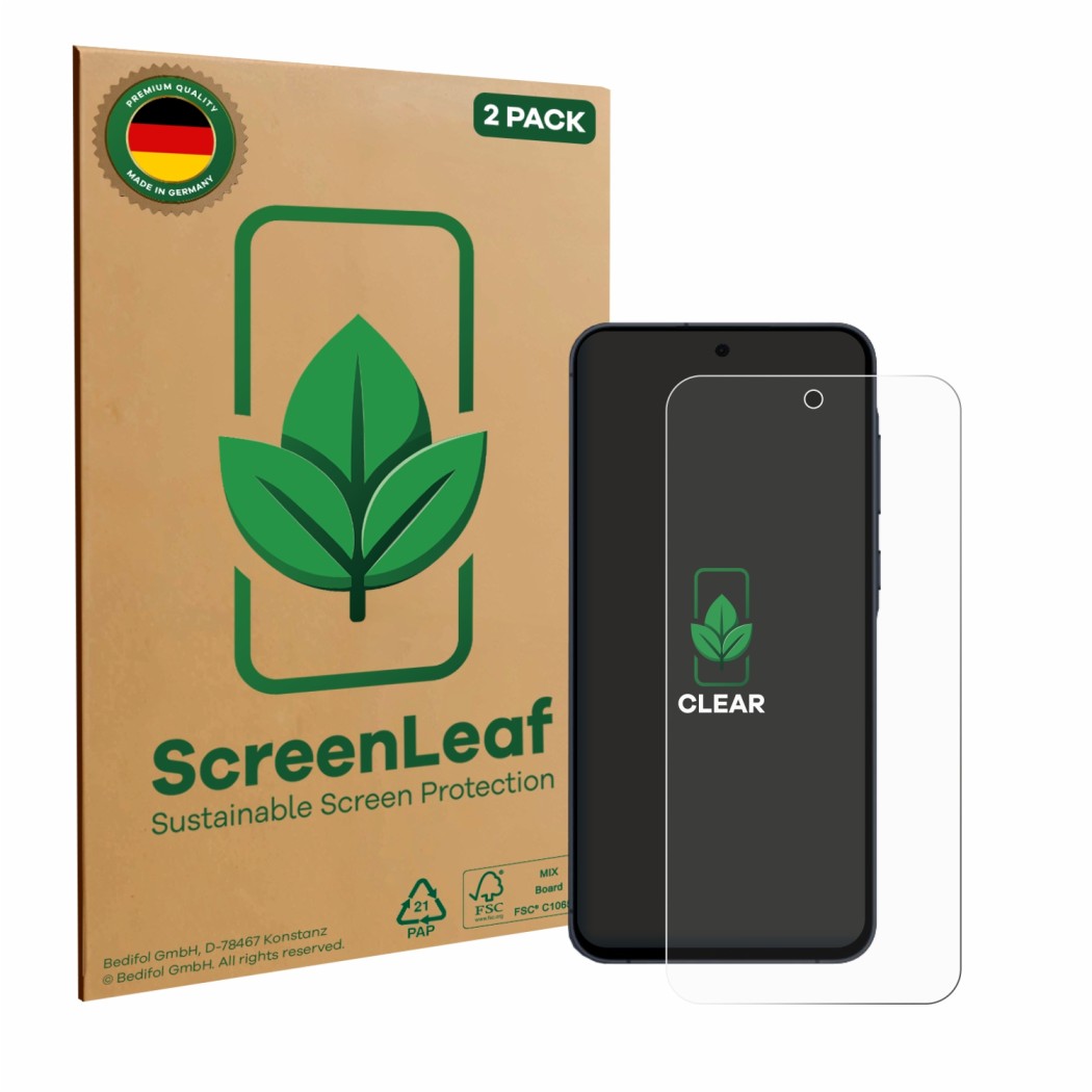 Parte frontal de un envase de producto con el logotipo de la marca ScreenLeaf. Al lado se muestra el dispositivo Samsung Galax
