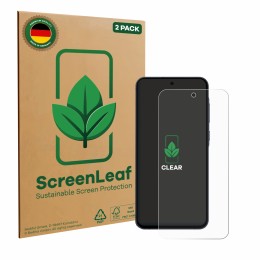 Parte frontale di una confezione del prodotto con il logo del marchio ScreenLeaf. Accanto è raffigurato il dispositivo Samsung
