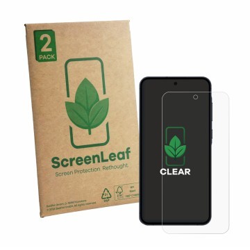 Parte frontale di una confezione del prodotto con il logo del marchio ScreenLeaf. Accanto è raffigurato il dispositivo Samsung