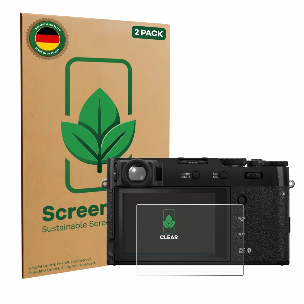 Vorderseite einer Produktverpackung mit dem Markenlogo ScreenLeaf. Daneben ist das Gerät Fujifilm X100VI mit dem zugehörigen D