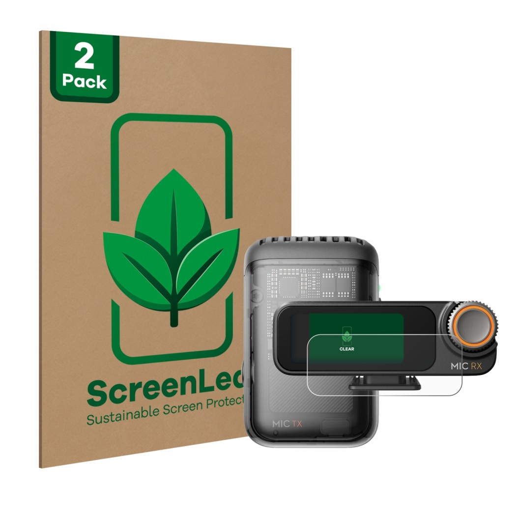 Face avant d’un emballage produit avec le logo de la marque ScreenLeaf. À côté, l’appareil DJI Mic 2 (Receiver) est représenté