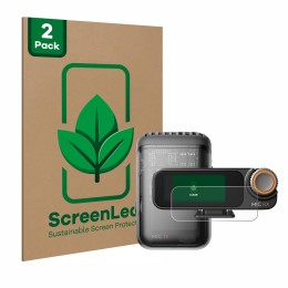 Front side of a product packaging with the brand logo ScreenLeaf. Next to it is the device DJI Mic 2 (Receiver) shown with the