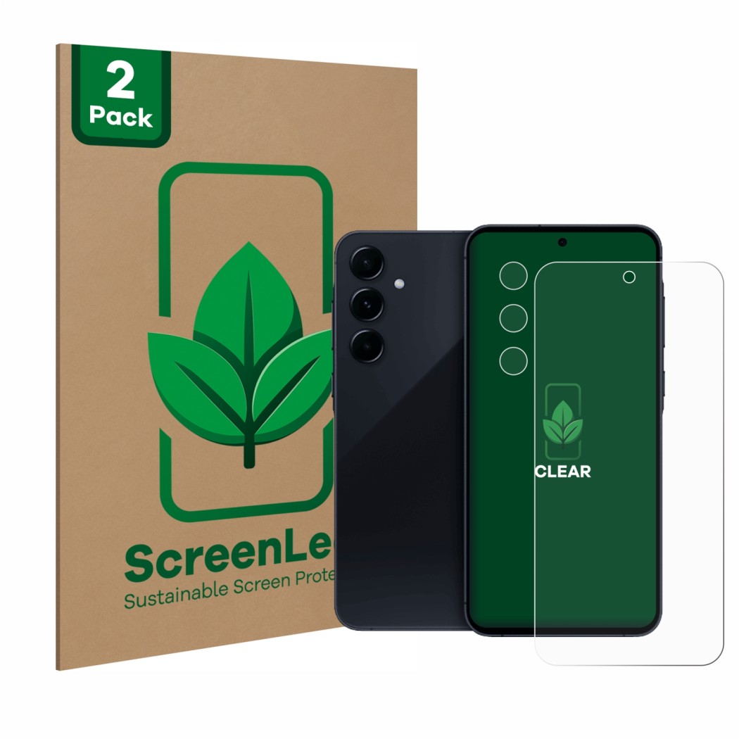 Vorderseite einer Produktverpackung mit dem Markenlogo ScreenLeaf. Daneben ist das Gerät Samsung Galaxy A55 5G (Display+Kamera