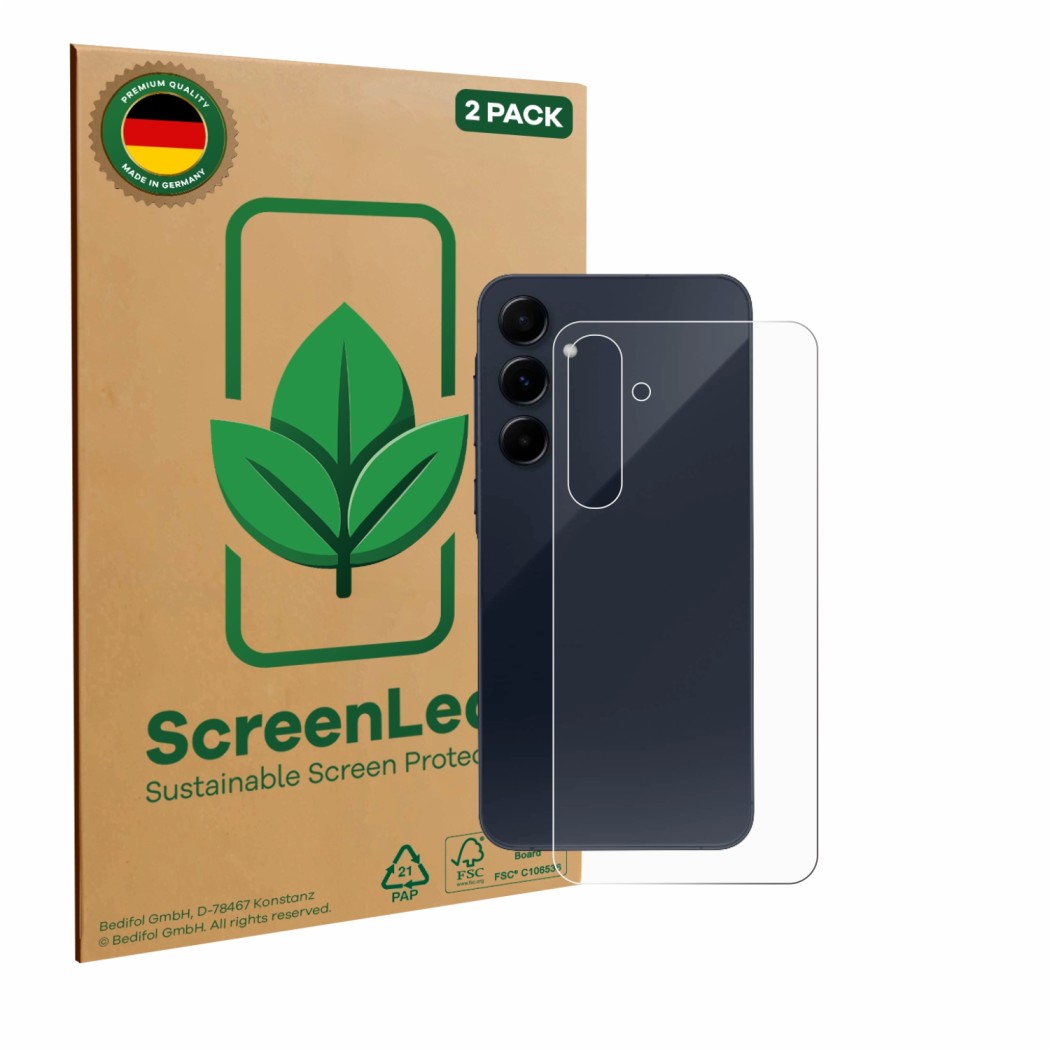 Parte frontale di una confezione del prodotto con il logo del marchio ScreenLeaf. Accanto è raffigurato il dispositivo Samsung