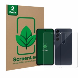Parte frontale di una confezione del prodotto con il logo del marchio ScreenLeaf. Accanto è raffigurato il dispositivo Samsung