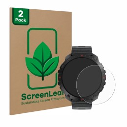 Parte frontal de un envase de producto con el logotipo de la marca ScreenLeaf. Al lado se muestra el dispositivo Polar Grit X2