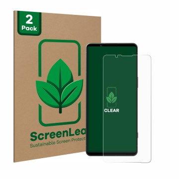 Vorderseite einer Produktverpackung mit dem Markenlogo ScreenLeaf. Daneben ist das Gerät Sony Xperia 1 VI mit dem zugehörigen 