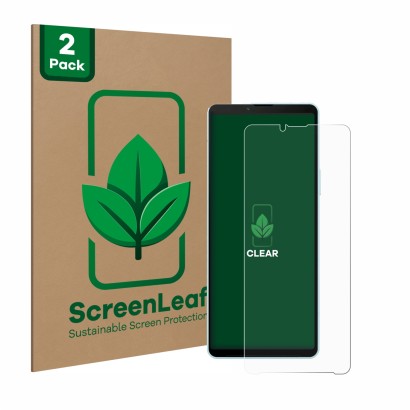 Parte frontal de un envase de producto con el logotipo de la marca ScreenLeaf. Al lado se muestra el dispositivo Sony Xperia 1