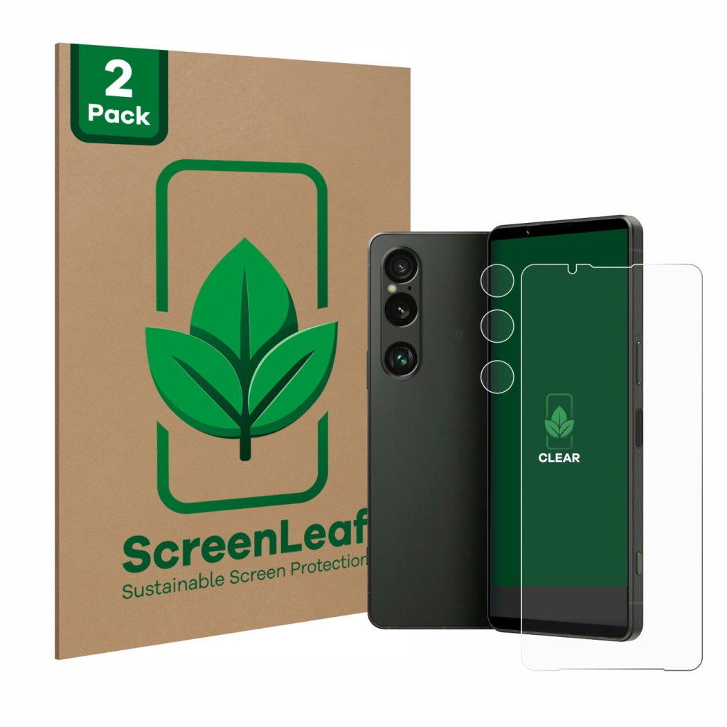 Face avant d’un emballage produit avec le logo de la marque ScreenLeaf. À côté, l’appareil Sony Xperia 1 VI (Avant+Caméra) est