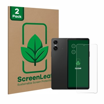 Front side of a product packaging with the brand logo ScreenLeaf. Next to it is the device Sony Xperia 10 VI (Front+Camera) sh