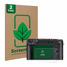 Front side of a product packaging with the brand logo ScreenLeaf. Next to it is the device Leica D-Lux 8 shown with the corres
