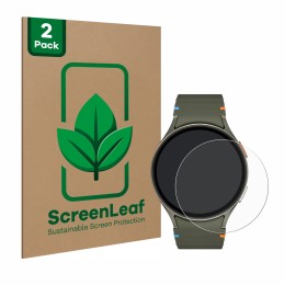 Parte frontal de un envase de producto con el logotipo de la marca ScreenLeaf. Al lado se muestra el dispositivo Samsung Galax