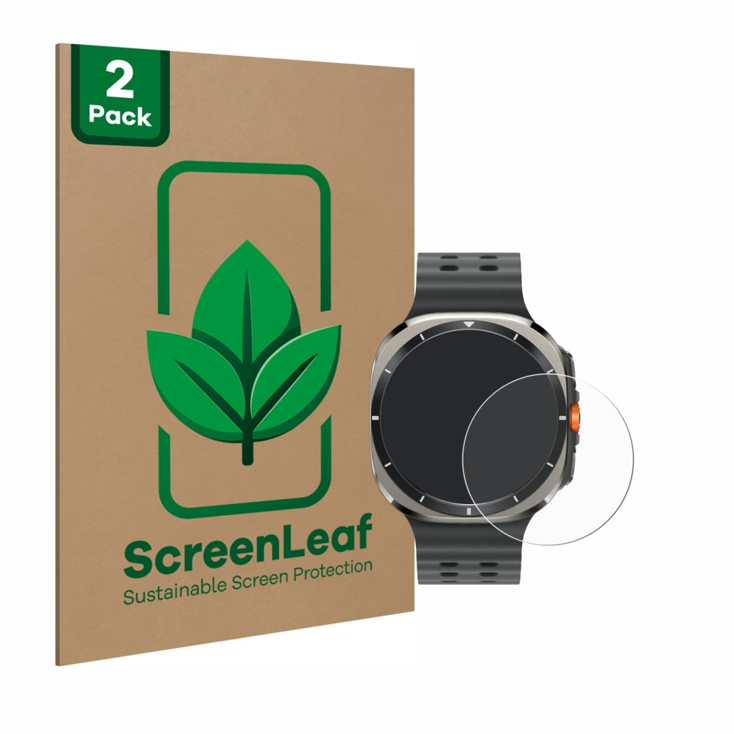 Vorderseite einer Produktverpackung mit dem Markenlogo ScreenLeaf. Daneben ist das Gerät Samsung Galaxy Watch Ultra (47 mm) mi