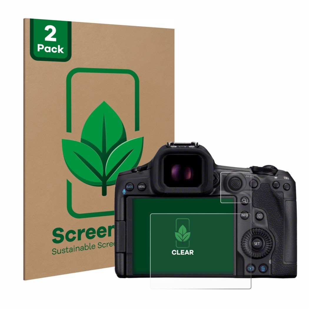 Front side of a product packaging with the brand logo ScreenLeaf. Next to it is the device Canon EOS R5 Mark II shown with the