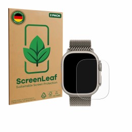 Parte frontal de un envase de producto con el logotipo de la marca ScreenLeaf. Al lado se muestra el dispositivo Apple Watch U