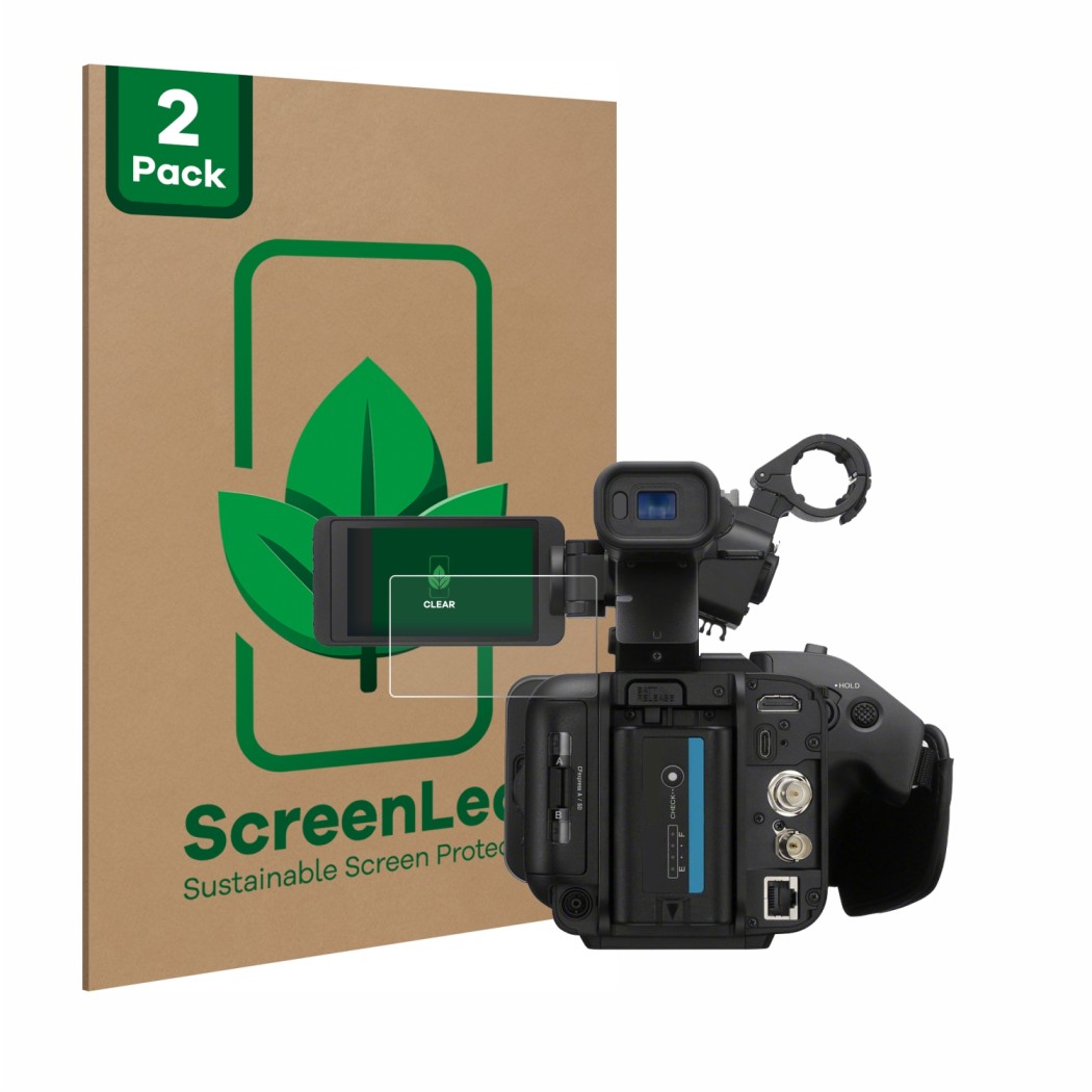 Front side of a product packaging with the brand logo ScreenLeaf. Next to it is the device Sony PXW-Z200 shown with the corres