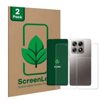 Front side of a product packaging with the brand logo ScreenLeaf. Next to it is the device Xiaomi 14T Pro (Front+Back) shown w