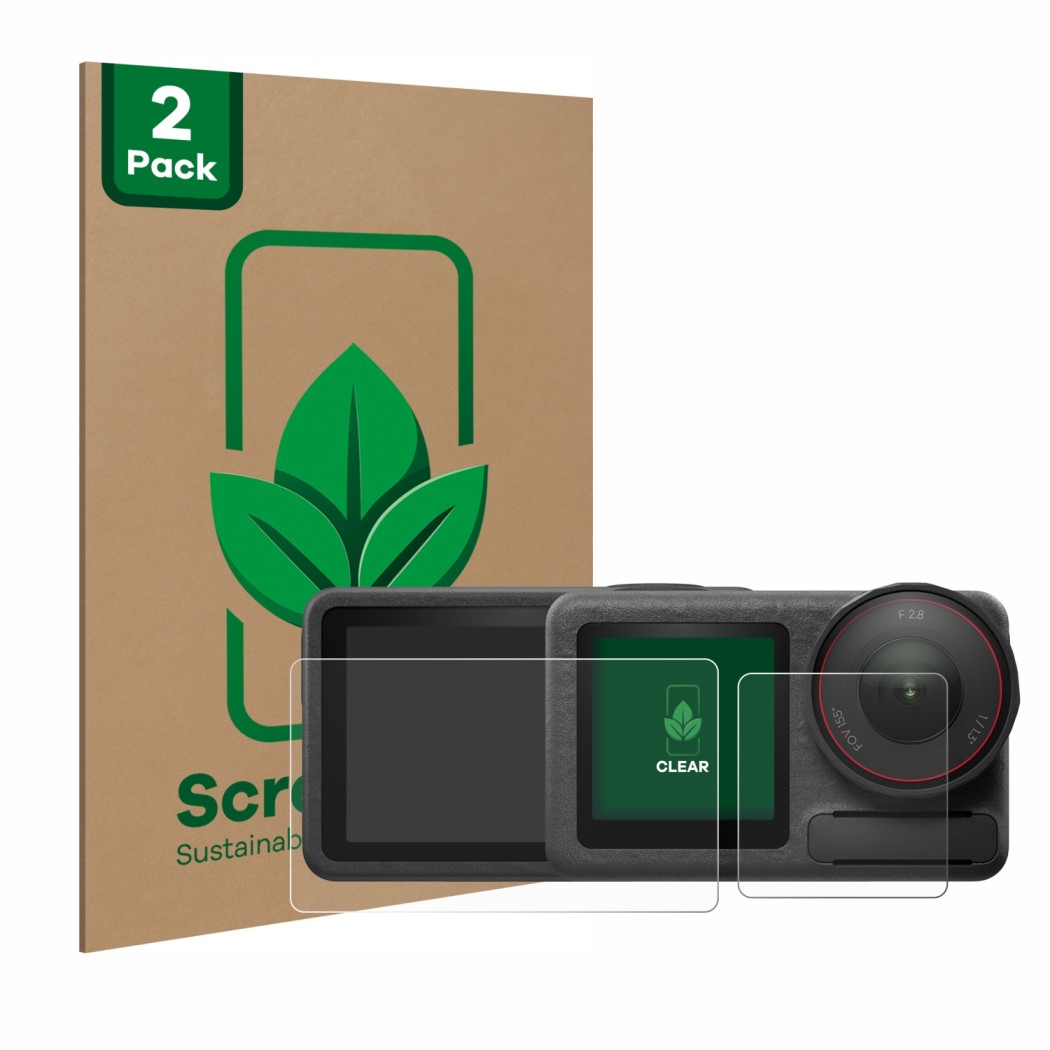 Front side of a product packaging with the brand logo ScreenLeaf. Next to it is the device DJI Osmo Action 5 Pro shown with th