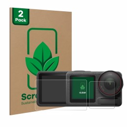 Front side of a product packaging with the brand logo ScreenLeaf. Next to it is the device DJI Osmo Action 5 Pro shown with th
