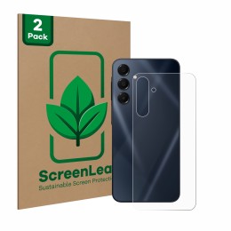 Vorderseite einer Produktverpackung mit dem Markenlogo ScreenLeaf. Daneben ist das Gerät Samsung Galaxy A16 5G (Rückseite) mit