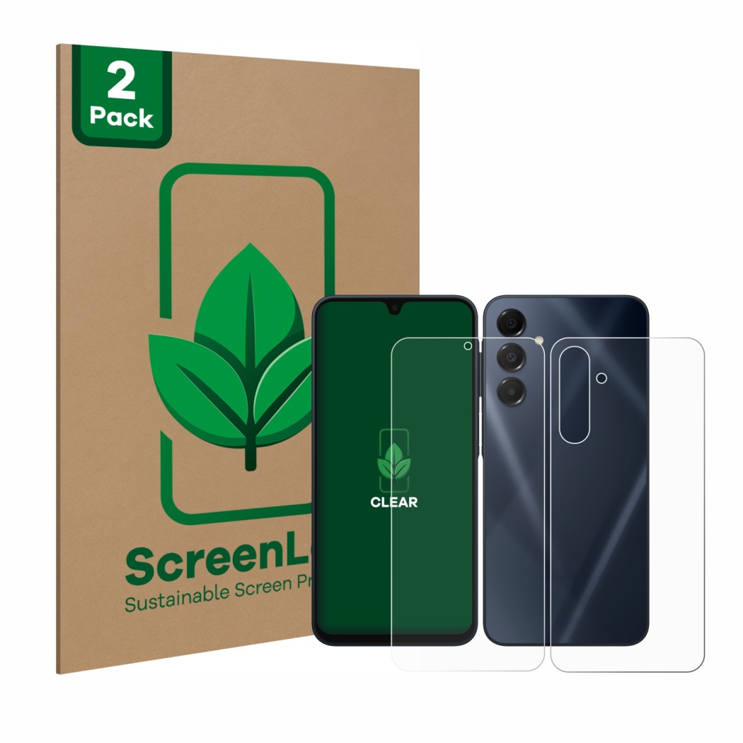 Vorderseite einer Produktverpackung mit dem Markenlogo ScreenLeaf. Daneben ist das Gerät Samsung Galaxy A16 5G (Display+Rückse