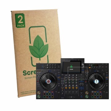 Face avant d’un emballage produit avec le logo de la marque ScreenLeaf. À côté, l’appareil AlphaTheta XDJ-AZ est représenté av