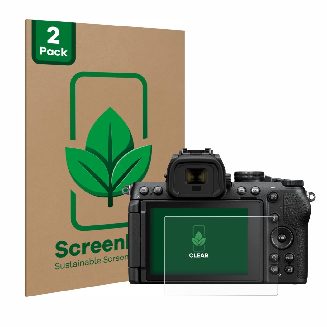 Front side of a product packaging with the brand logo ScreenLeaf. Next to it is the device Nikon Z50 II shown with the corresp