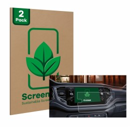 Front side of a product packaging with the brand logo ScreenLeaf. Next to it is the device Volkswagen Touran 2.0 Discover Medi