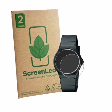 Parte frontale di una confezione del prodotto con il logo del marchio ScreenLeaf. Accanto è raffigurato il dispositivo Casio C