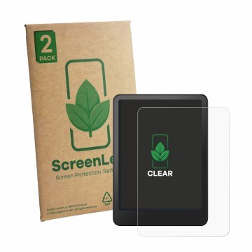 Face avant d’un emballage produit avec le logo de la marque ScreenLeaf. À côté, l’appareil Amazon Kindle Paperwhite 2024 Signa