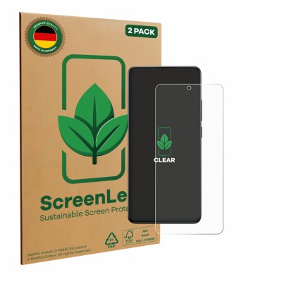 Vorderseite einer Produktverpackung mit dem Markenlogo ScreenLeaf. Daneben ist das Gerät Xiaomi Poco X7 Pro mit dem zugehörige