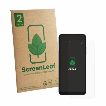 Parte frontal de un envase de producto con el logotipo de la marca ScreenLeaf. Al lado se muestra el dispositivo Hotwav Note 1