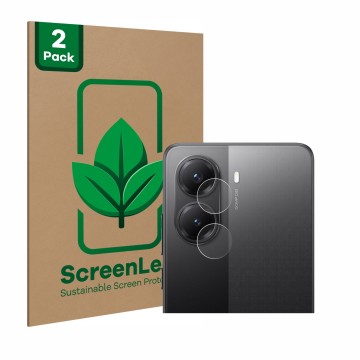 Vorderseite einer Produktverpackung mit dem Markenlogo ScreenLeaf. Daneben ist das Gerät Xiaomi Poco X7 Pro (NUR Kameraschutz)