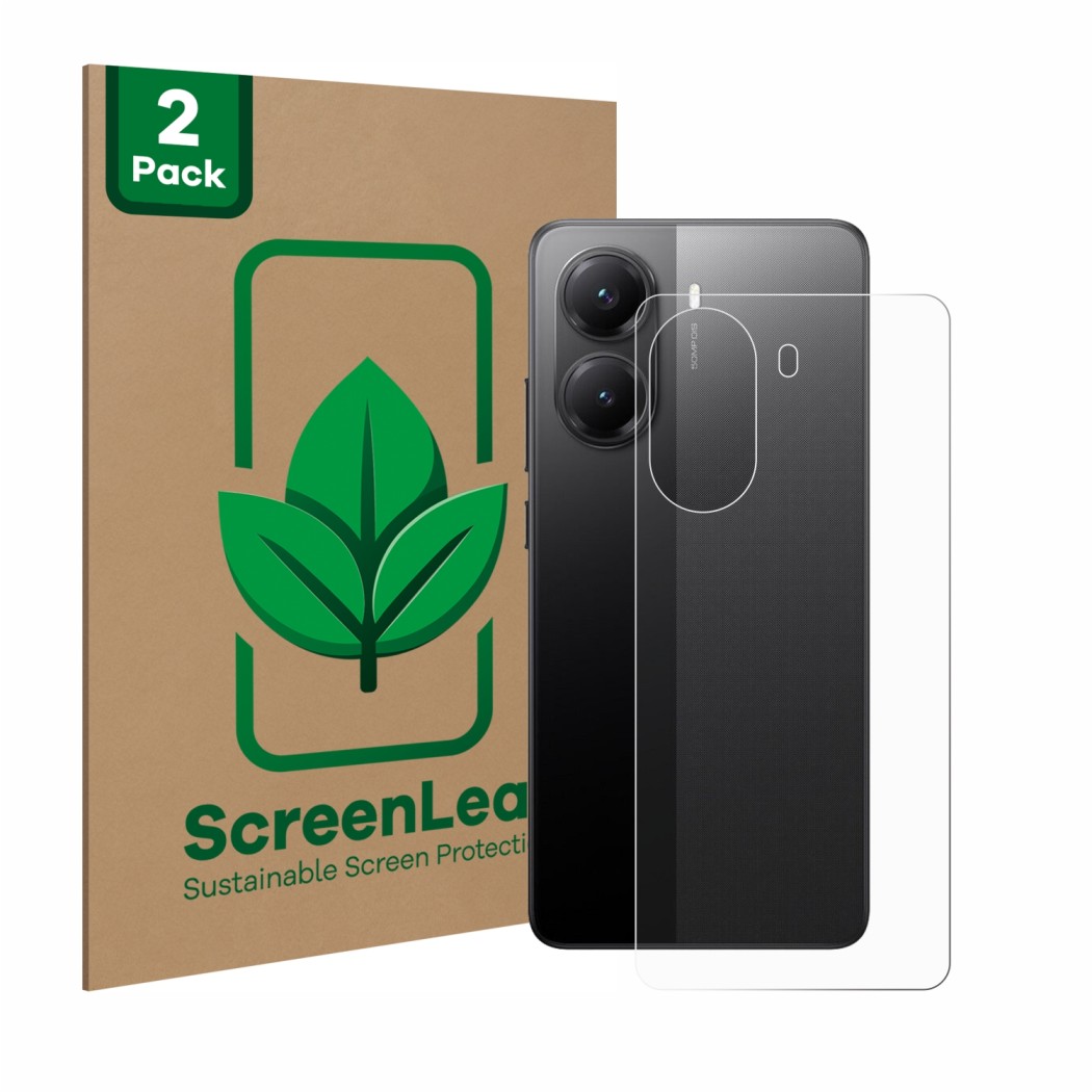 Vorderseite einer Produktverpackung mit dem Markenlogo ScreenLeaf. Daneben ist das Gerät Xiaomi Poco X7 Pro (Rückseite) mit de