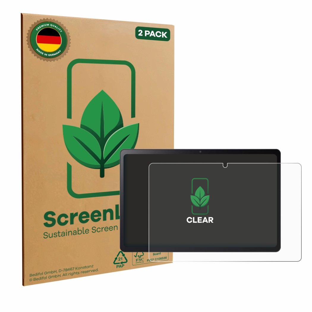 Parte frontal de un envase de producto con el logotipo de la marca ScreenLeaf. Al lado se muestra el dispositivo Acer Iconia P