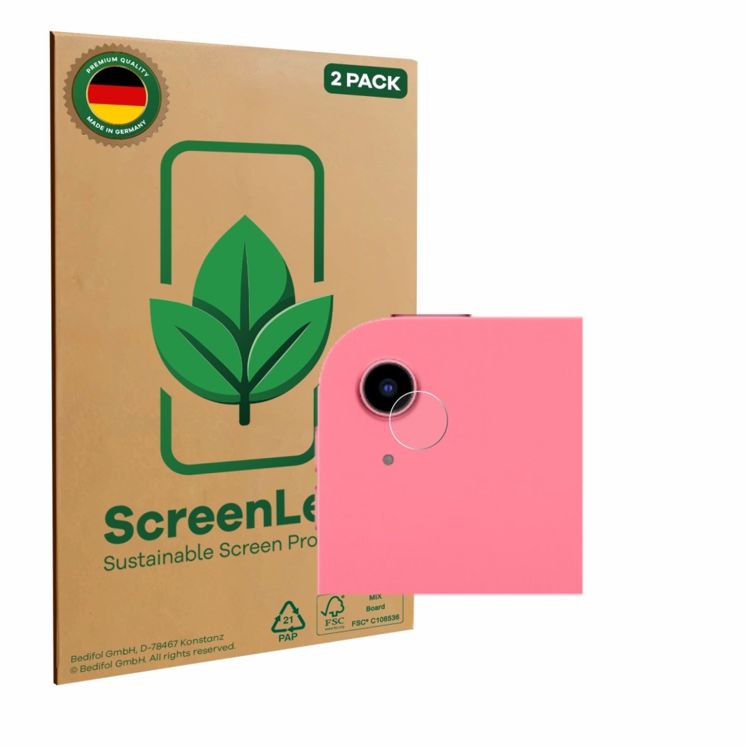 Parte frontal de un envase de producto con el logotipo de la marca ScreenLeaf. Al lado se muestra el dispositivo Apple iPad A1