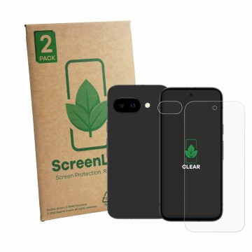 Face avant d’un emballage produit avec le logo de la marque ScreenLeaf. À côté, l’appareil Google Pixel 9a (Avant+Caméra) est 