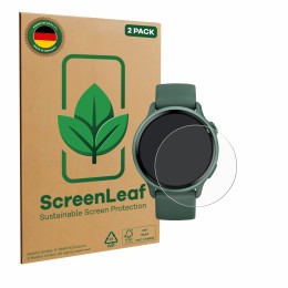 Face avant d’un emballage produit avec le logo de la marque ScreenLeaf. À côté, l’appareil Garmin vivoactive 6 est représenté 
