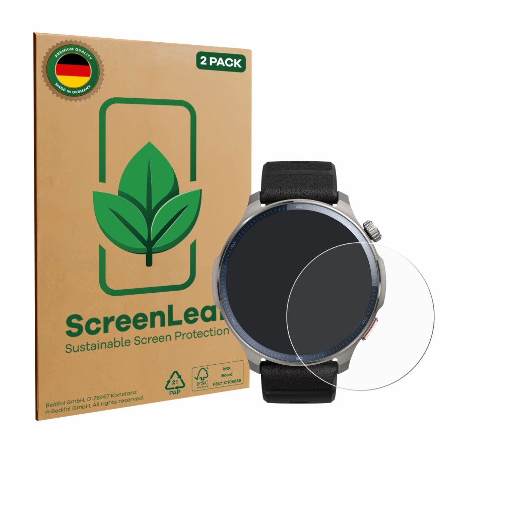 Vorderseite einer Produktverpackung mit dem Markenlogo ScreenLeaf. Daneben ist das Gerät Huami Amazfit Balance 2 mit dem zugeh