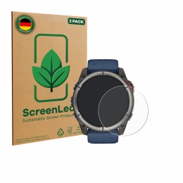 Parte frontal de un envase de producto con el logotipo de la marca ScreenLeaf. Al lado se muestra el dispositivo Garmin quatix
