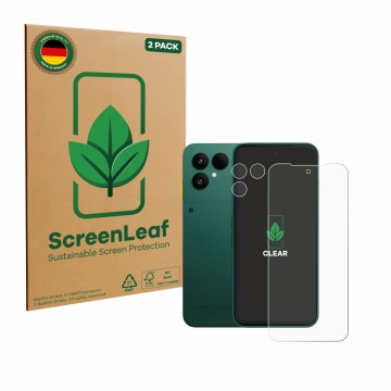 Parte frontal de un envase de producto con el logotipo de la marca ScreenLeaf. Al lado se muestra el dispositivo Fairphone 6 (