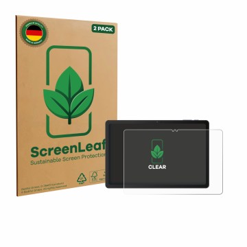 Parte frontal de un envase de producto con el logotipo de la marca ScreenLeaf. Al lado se muestra el dispositivo VALE Tablet V