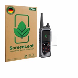 Front side of a product packaging with the brand logo ScreenLeaf. Next to it is the device Icom IC-A25NE /IC-A25CE shown with 