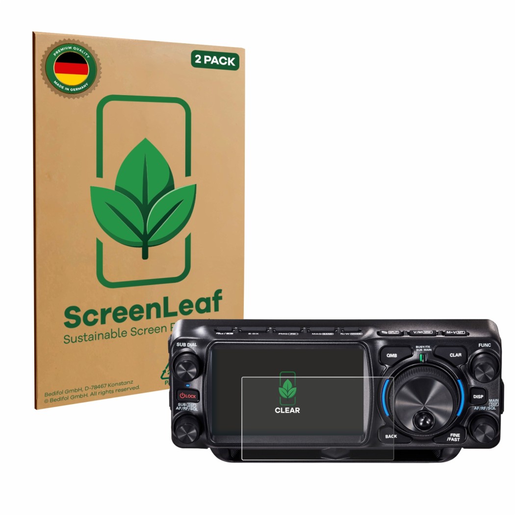 Vorderseite einer Produktverpackung mit dem Markenlogo ScreenLeaf. Daneben ist das Gerät Yaesu FTX-1 mit dem zugehörigen Displ