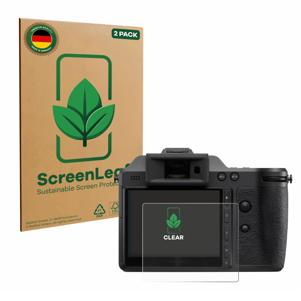 Face avant d’un emballage produit avec le logo de la marque ScreenLeaf. À côté, l’appareil Hasselblad X2D II 100C est représen