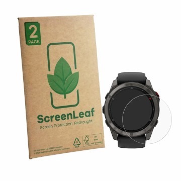 Front side of a product packaging with the brand logo ScreenLeaf. Next to it is the device Garmin Fenix 8 Pro AMOLED (47 mm) s