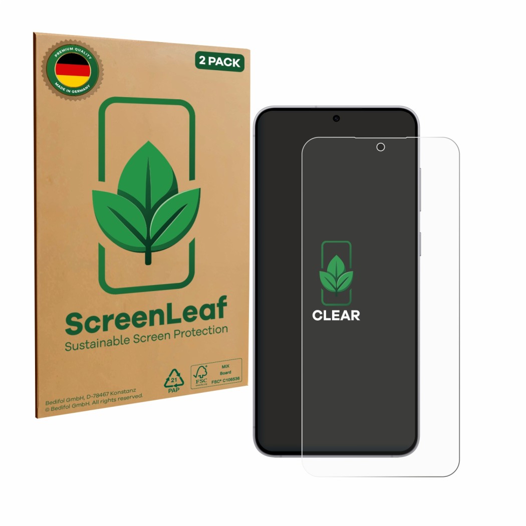 Front side of a product packaging with the brand logo ScreenLeaf. Next to it is the device Samsung Galaxy S25 FE shown with th